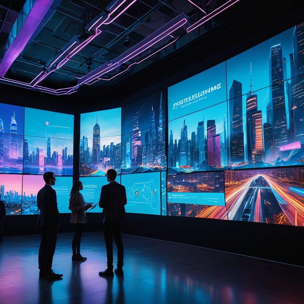 A futuristic landscape featuring diverse innovators brainstorming around digital screens, with holographic displays showcasing various technology concepts. In the foreground, a glowing digital map of the world connects different nodes of innovation. The background depicts a skyline of modern architecture blending nature and technology. The scene conveys collaboration, creativity, and the spirit of exploration in the digital age. vibrant colors. cyberpunk. super-realistic.