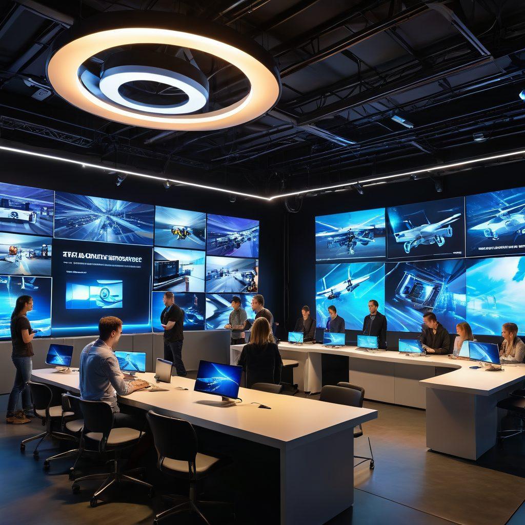 A bustling tech hub featuring a diverse group of people interacting with futuristic gadgets, showcasing innovative software on sleek screens. The environment is filled with vibrant tech displays and dynamic holograms that represent cutting-edge software solutions. Bright colors and bold designs evoke a sense of progress and inspiration. Include elements like drones, virtual reality headsets, and smart home devices. super-realistic. vibrant colors. 3D.