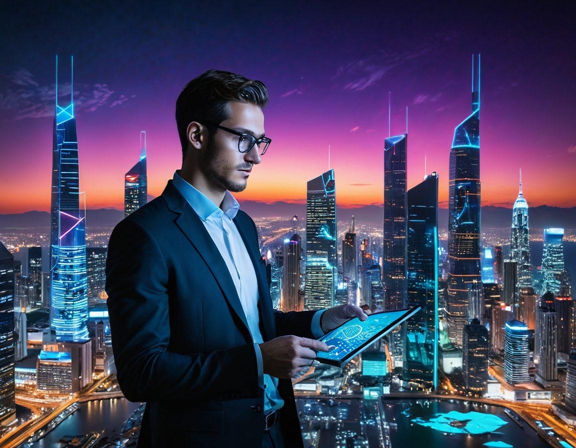 A futuristic city skyline with floating digital screens displaying various technology icons and data analytics, while a modern innovator stands confidently in the foreground holding a holographic tablet. A blend of blue and green neon lights illuminates the scene, symbolizing innovation and progress. The sky reflects a digital sunset, enhancing the tech-savvy atmosphere. vibrant colors. cyberpunk.